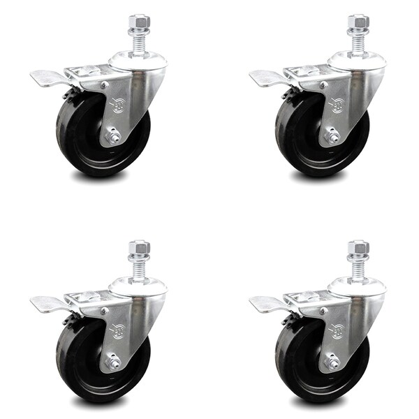 4 Inch Phenolic Swivel 1/2 Inch Threaded Stem Caster Set with Total Lock Brake SCC